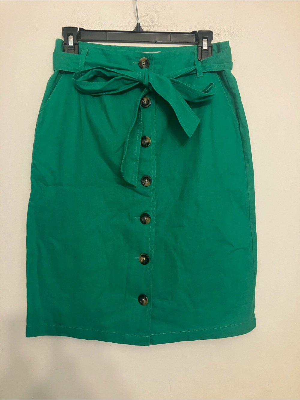 Biden button front pencil skirt tie belt button front functional pockets green